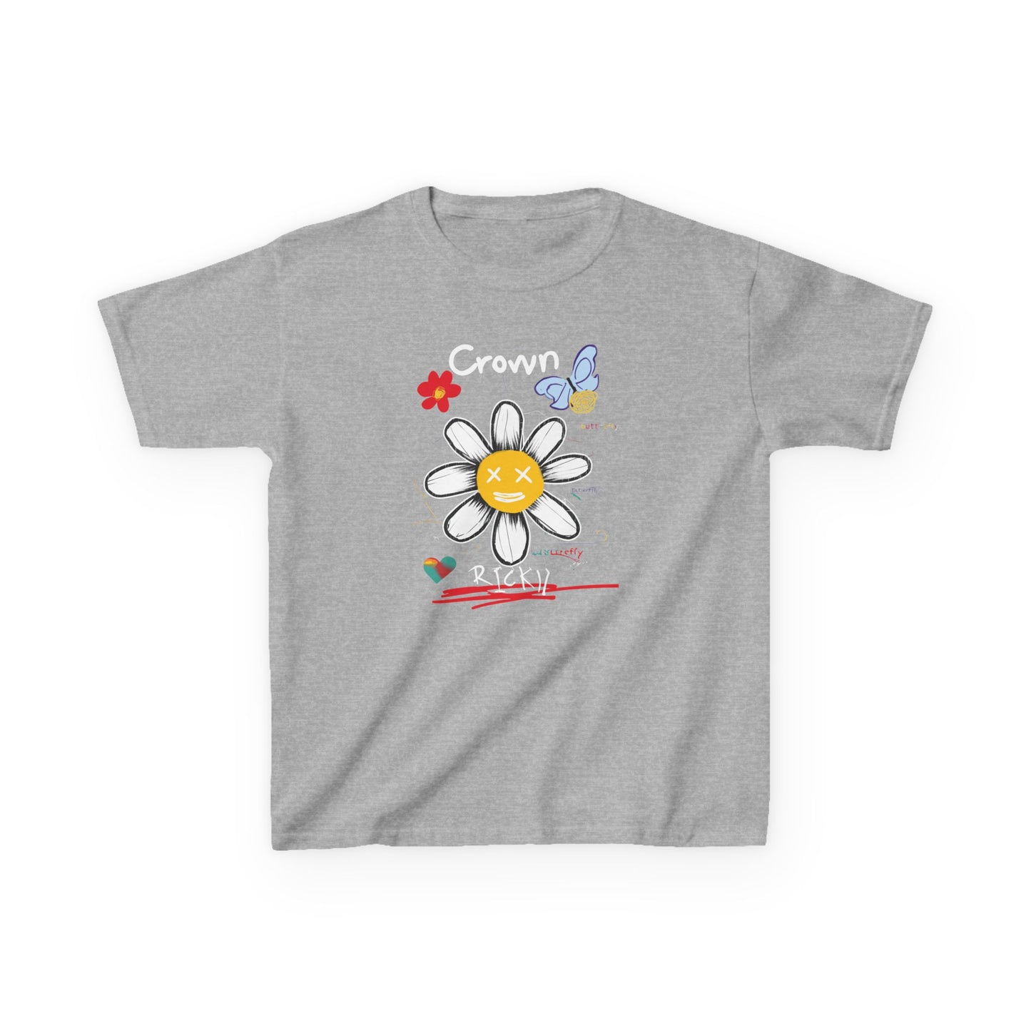 Cute Floral Kids Heavy Cotton Tee with Happy Face Design