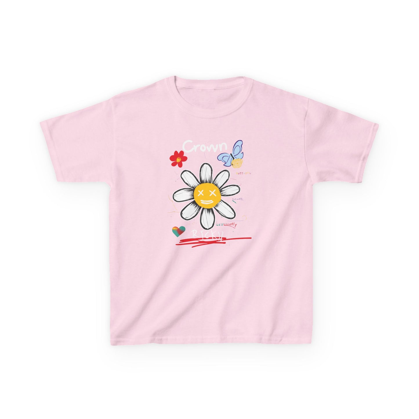 Cute Floral Kids Heavy Cotton Tee with Happy Face Design