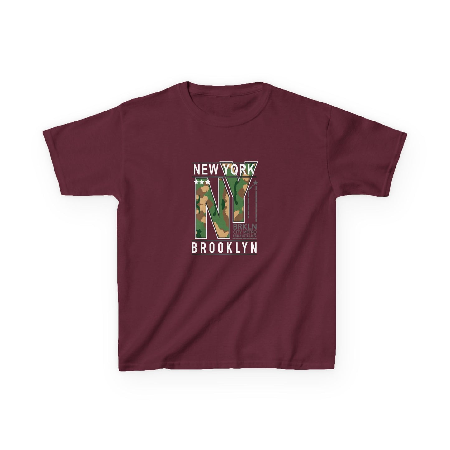 Brooklyn NY Kids Heavy Cotton Tee - Stylish Camo Design for Young Explorers