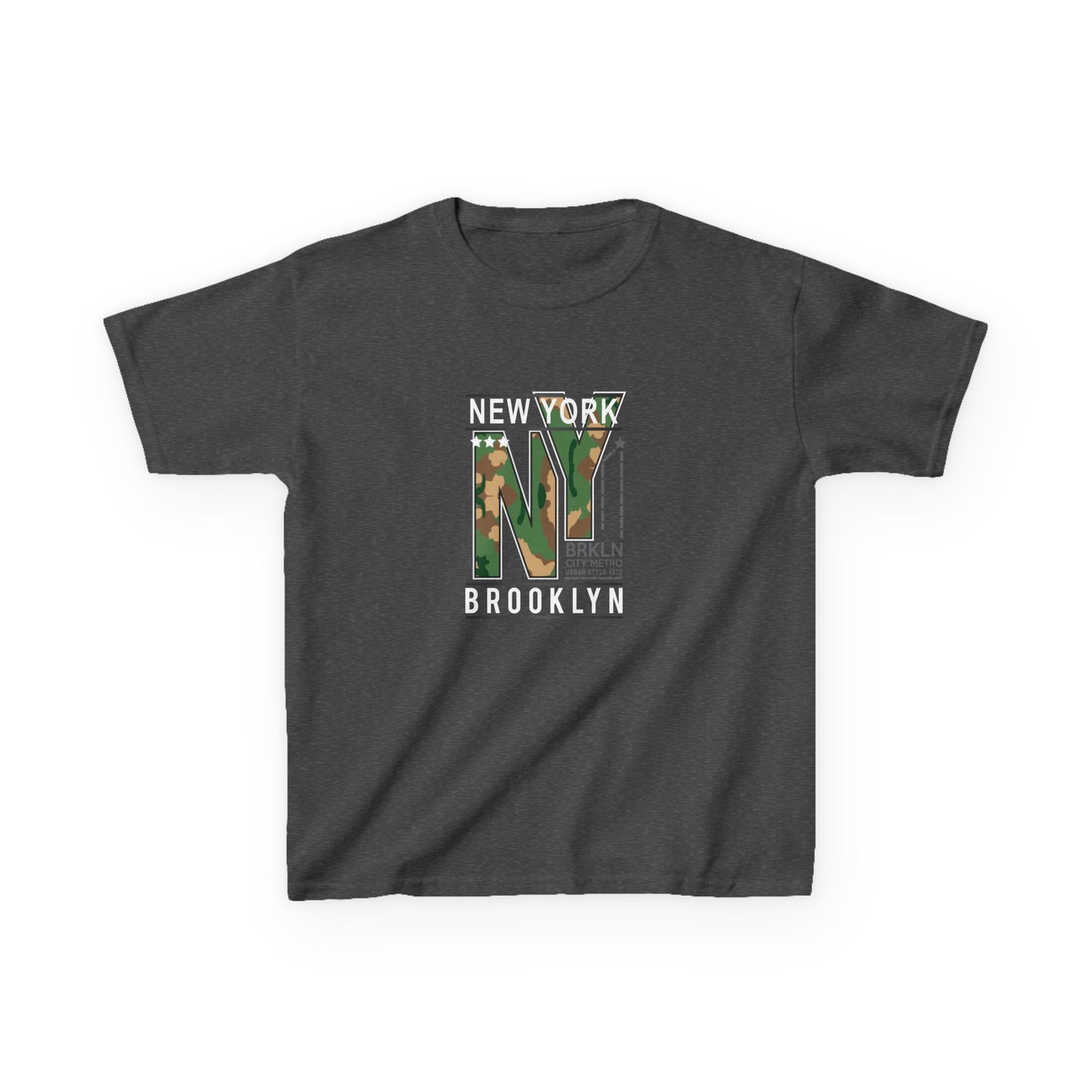 Brooklyn NY Kids Heavy Cotton Tee - Stylish Camo Design for Young Explorers